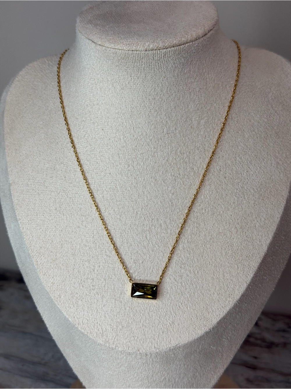 Gold-Tone Necklace with Olive Green Rectangular Pendant